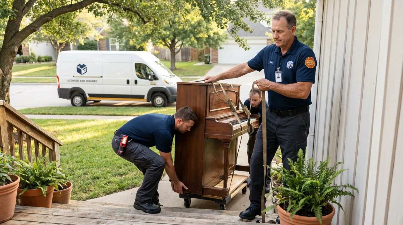 Licensed piano movers securing grand piano in Sherman Oaks, CA