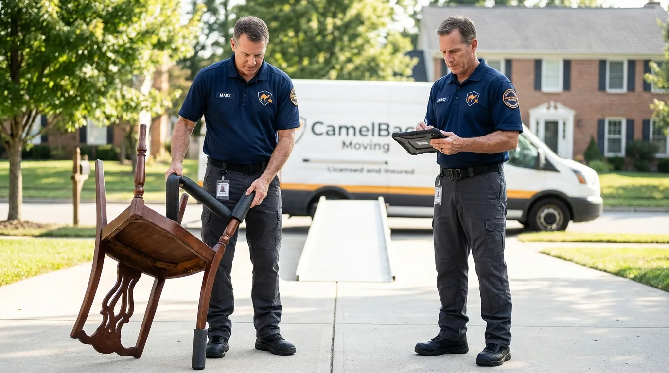 Movers inspecting furniture for damage prevention before loading in Sherman Oaks, CA